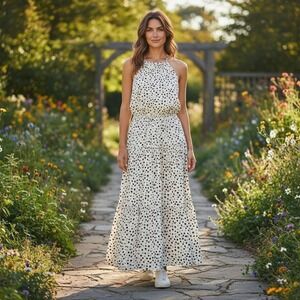 LASCANA Polka Dot Halter Maxi Dress Flowy Tiered White‎ Black Size 8